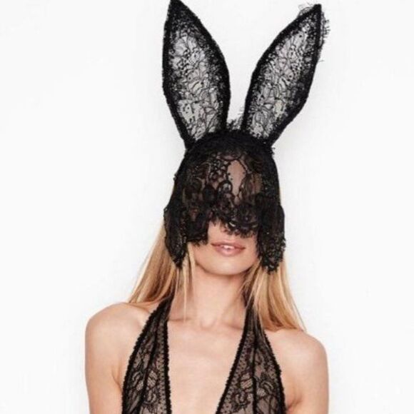 VS LACE BUNNY EARS Black Lace Crystal Costume Headband Halloween NEW